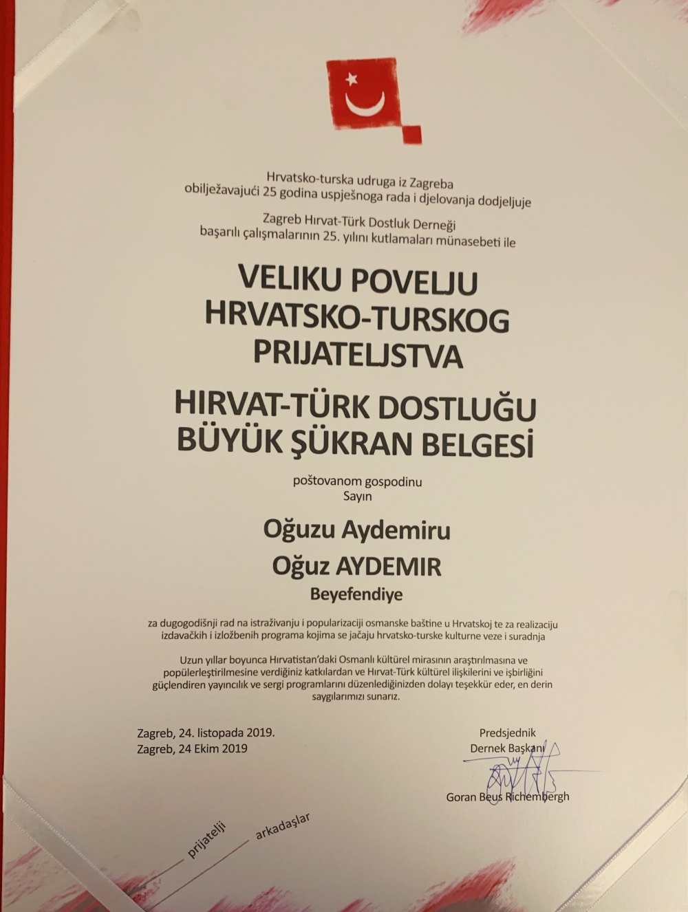 Hırvat - Türk Dostluğu Büyük Şükran Belgesi - 24 Ekim 2019